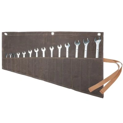 Image of Roll Up Wrench Bag 14 Pockets Tool for Set£¬ Heavy Duty 16oz Waxed Canvas 70x45cm Grey