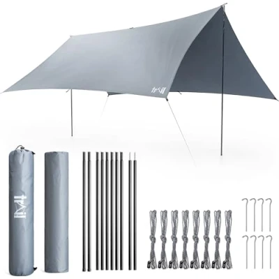 Image of Trail Camping Tarp Shelter with Poles (3m x 3m), Lightweight Waterproof 4000mm HH, UPF50+ UV Protection, Outdoor Hiking Hammock Rain Fly, Portable Heavy Duty Tarpaulin Pegs, Guy Lines &amp; Bag