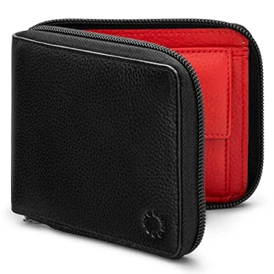 Image of Yoshi Mens RFID Blocking Full Zip Around Leather Coin Pocket Wallet (Black/Red)