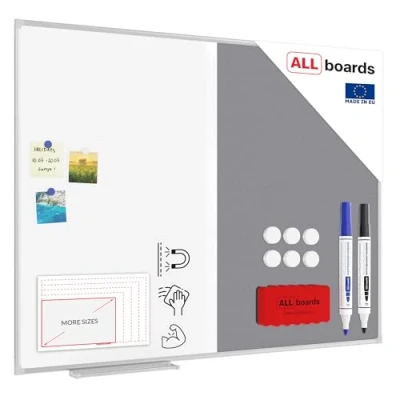 Image of ALLboards Combination Board 2 in 1 Whiteboard &amp; Grey Felt with Aluminium Frame 120x90cm, Pin Magnetic