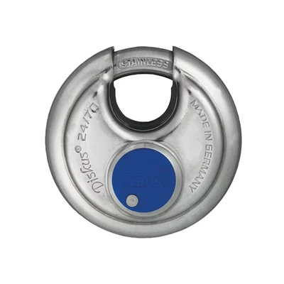 Image of ABUS Diskus Padlock 24IB/70 Made of Stainless Steel with 360 All Round Protection for securing in Extreme Weather Conditions 02050 Security Level 8 Silver/Blue