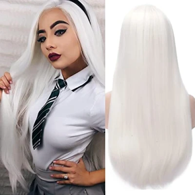 Image of PORSMEER Long Straight White Hair Costume Cosplay Wig,Halloween Wig,with Free Wig Cap,Natural Looking Synthetic 26inch