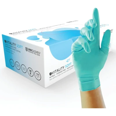 Image of Unigloves Vitality Nitrile GD0053 Moisturising Examination Multipurpose, Powder and Latex Free Disposable Gloves, Box of 100 Aqua Blue, Medium