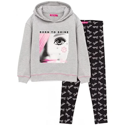 Image of Barbie Hoodie &amp; Leggings For Girls Kids Doll Grey Jumper with Logo Black Loungewear Children Clothes 5 6 Years