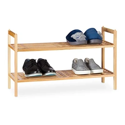 Image of Relaxdays Shoe Rack, Stackable Footwear Storage with 2 Shelves, Walnut Wood, up to 6 Pairs, HWD: 41 x 69 27cm, Natural