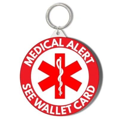 Image of Gift Insanity MEDICAL ALERT RED BACKGROUND SEE WALLET CARD 45mm Keyring, White