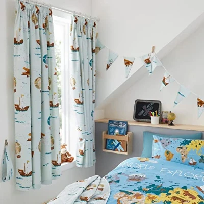 Image of Happy Linen Company Girls Boys Kids World Explorer Blue 66&quot; x 72&quot; Ring Track Pole Fully Lined Pencil Pleat Curtain Set