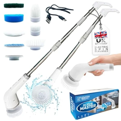 Image of Scrub Master™ Electric Spin Scrubber Cordless Rechargeable Cleaning Brush Handheld Power with Long Handle and 8 Heads for Kitchen, Tile, Bathroom, Window, car