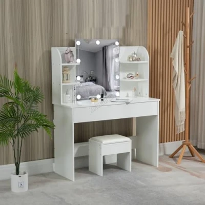 Image of WestWood Dressing Makeup Table Set with Large Waterproof Tabletop and Stool Wooden Elegant White Vanity Ample Storage Easy to Clean Surface Multiple Shelves Drawer Mirror Adjustable LED Light