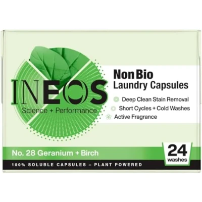 Image of INEOS Non Bio Laundry Washing Capsules, 24 Washes, High Performance Stain Remover For Clothes, Soluble Plant Powered, Sensitive Skin, Geranium + Birch