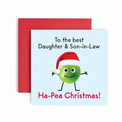 Image of Huxters Christmas Cards for Women Ha Pea Daughter and Son In Law Happy Card Funny (Daughter Law)