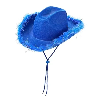 Image of Light Up Cowboy Hats for Women Fluffy Feather Brim LED Cowgirl Hat Bachelorette, Costume Party, Play Dress (Royalblue)