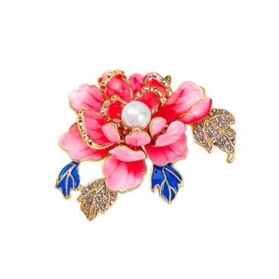 Image of Red Peony Flower Enamel Brooch For Women Pearl Rhinestone Corsage Pin Dress Accessories Holiday Mothers Day Jewelry Gift
