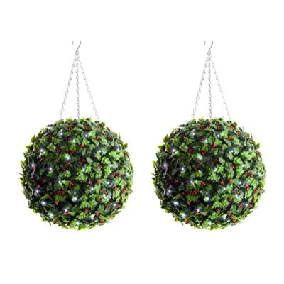 Image of Best Artificial (Set of 2) 38cm Pre Lit Christmas Holly Topiary Balls Waterproof Battery Operated with Timer