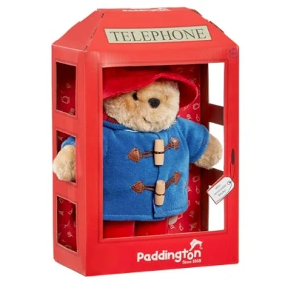 Image of Rainbow Designs Paddington Bear Soft Toy in British Phone Box Plush Teddy with Red Hat, Blue Duffle Coat &amp; Wellington Boots Collectable Stuffed Animal Iconic Packaging