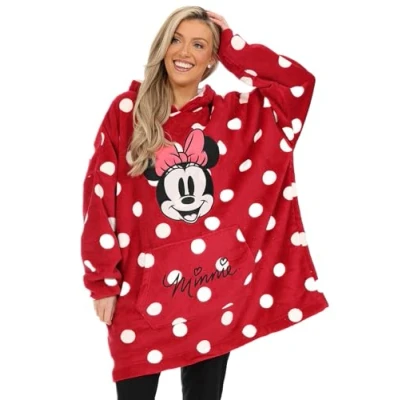 Image of Minnie Mouse Womens and Girls Matching Fully Lined Luxury Fleece Hoodie Oversized Blanket Hoody (7 13 Years) Red