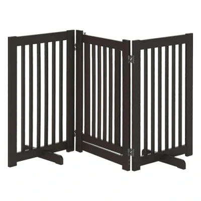 Image of PawHut Freestanding Dog Gate Wood Doorway Safety Pet Barrier Fence Foldable w/Latch Support Feet Deep Brown, 155 x 76 cm
