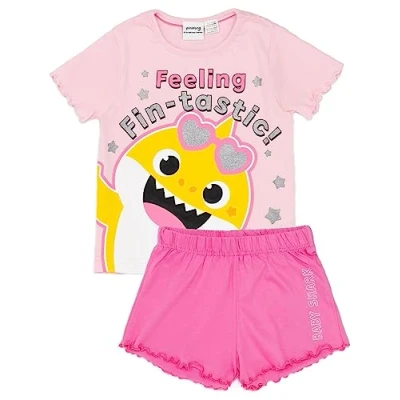 Image of Baby Shark Girls Pyjama Set in Pink Kids T Shirt and Shorts Complete Pajamas Feeling Fin tastic PJ Nightwear Bundle Comfortable Loungewear Gift for Children Warm &amp; Cosy Sleepwear