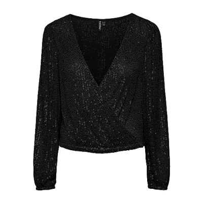 Image of PIECES Women&#039;s Pcdelphia Ls New Wrap Top Blouse Shirt, Black, Large