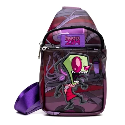 Image of Nickelodeon Vegan Leather Crossbody Sling Bag with Adjustable Straps, Invader Zim Laughing Pose Applique, Purple, 11.0&quot; x 6.5&quot;