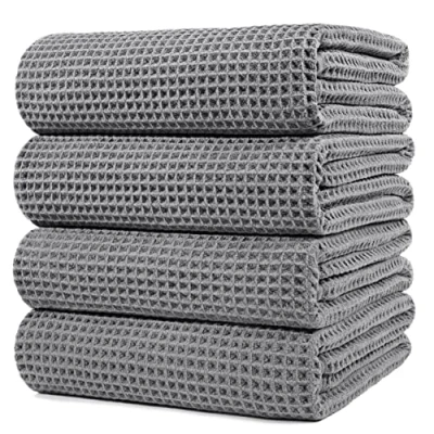 Image of POLYTE Microfibre Oversize Quick Dry Lint Free Bath Towel, 152 x 76 cm, 4 Pack (Grey, Waffle Weave)