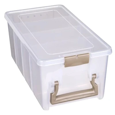 Image of ArtBin 6925AB Semi Satchel with 3 Removable Dividers, Portable Art &amp; Craft Organizer Handle, [1] Plastic Storage Case, Clear, Gold, 0