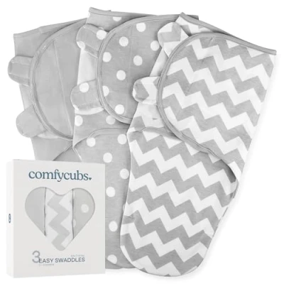 Image of Comfy Cubs Baby Blanket, Swaddle Blanket 0 3 months, Newborn Essentials, Infant Sleep Sack Wrap, 100% Breathable Cotton, Boy Girl, Adjustable Pack (Grey, Small Medium)