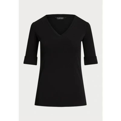 Image of Lauren Ralph Stretch Cotton Elbow Sleeve V NECK TEE Basic Tshirt, Women&#039;s, Size: Small, Black