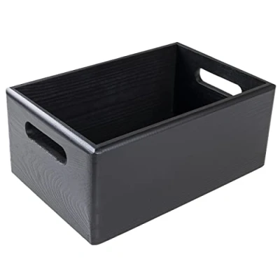 Image of Creative Deco Black Large Wooden Crate with Handles 30 x 20 13 cm (+/ 1 cm) Storage Box Natural Wood Open Decorative Easter Gift Crates for Kitchen Home Documents