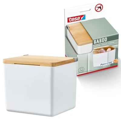 Image of tesa Baboo S Bathroom Organiser with lid, matt white Square storage box, for wall mounting without drilling, incl. Powerstrips Waterproof Strips XL 122 mm x 110 102