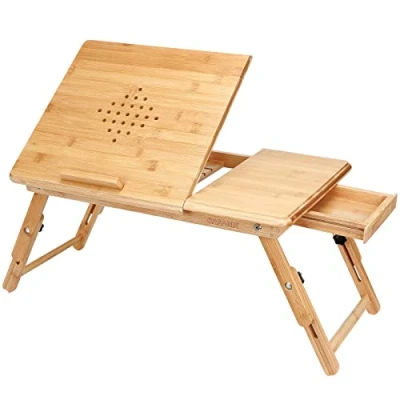 Image of CASARIA® Bamboo Laptop Table Height Adjustable Foldable With Drawer &amp; Ventilation Tilting Stand for Bed, Sofa, or Couch 55 x 35 cm