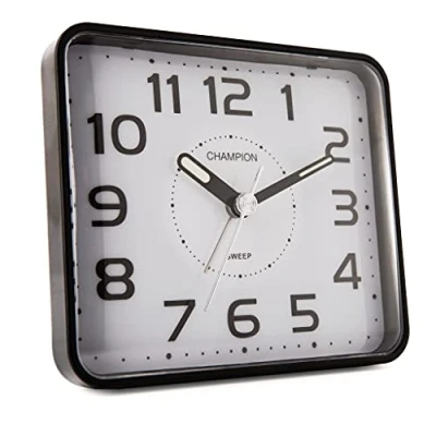 Image of Classic Bold Traditional Black Square Quartz Sweeping Non Ticking Alarm Clock with Flashing Back Light and Bleep Alarm.