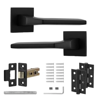 Image of Decoranddecor Black Door Handles Internal Aluminium Matt Handle Sets for Wooden Interior Doors with Mortice Latch and Hinge Penta Range