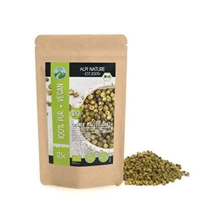 Image of organic green pepper (125g, 4.4oz), peppercorns, from controlled cultivation, peppercorns laboratory tested, 100% pure and natural