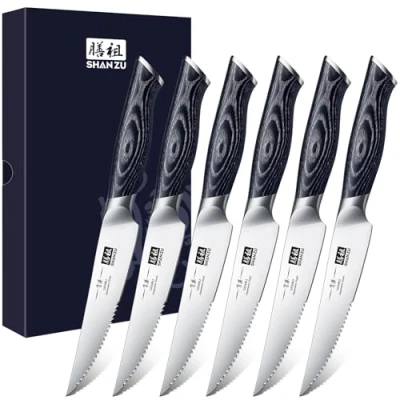 Image of SHAN ZU 6 PCS Steak Knife Set, 4.5 Inch High Carbon Japanese Super Steel Knives Ultra Sharp Kitchen with K133 Ergonomic Handle Genbu Series