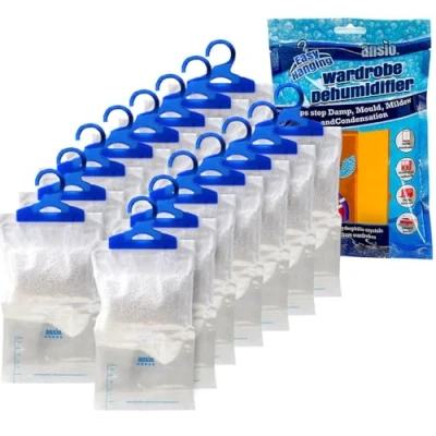 Image of ANSIO Wardrobe Dehumidifier Hanging Bags Pack of 60, Trap, Condensation, Dehumidifiers for Damp, Mould, Bedroom, Caravan, Bathroom, Basement, Office 210g Each…