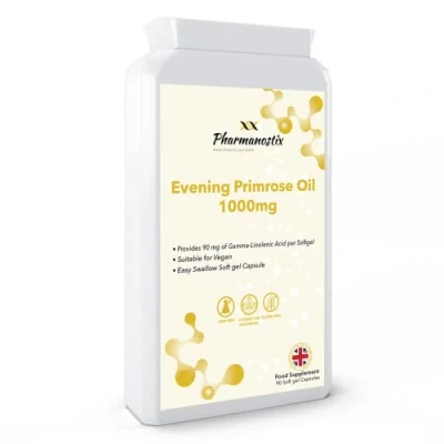 Image of Evening Primrose Oil 1000mg 90 Vegan Softgel Capsules Cold Pressed High GLA Formulation with Vitamin E No GMOs UK Made by Pharmanostix