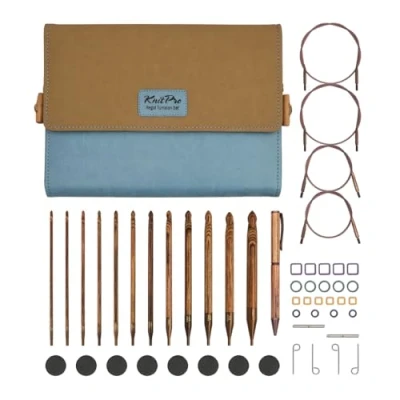 Image of KnitPro Ginger Crochet Hook Set 12 Afghan Tunisian Interchangeable Hooks, Comfortable Handles for Beginners &amp; Gift Set, Brown