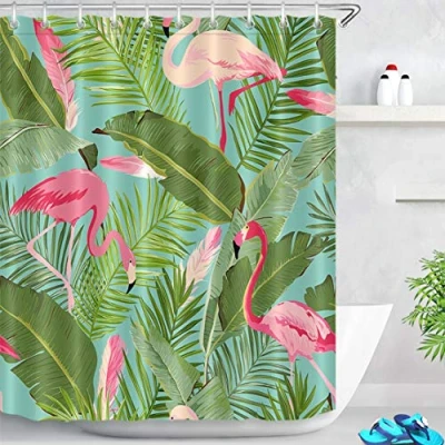 Image of LB Green Leaf Shower Curtain Pink Flamingo Curtains Set Ant Mould Waterproof Fabric Bathroom with Hooks,59X71 inch Tropical Banana Leaves in Forest Small Bath