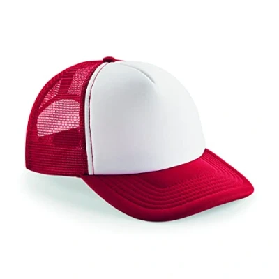 Image of Beechfield Vintage Plain Snap Back Trucker Cap Classic Retro Style Hat Red/White
