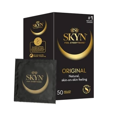 Image of SKYN Original Condoms Pack of 50 / Skynfeel Latex Free for Men, Regular Size Condoms, Strong &amp; Thin Smooth Straight Shape, 53mm Wide