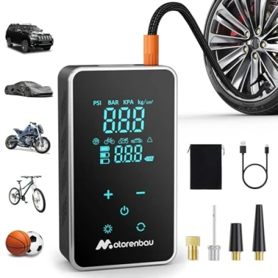 Image of Motorenbau Tyre Inflator Cordless Compressor, 150PSI 4000mAh Car Pump for Tyres with LED Light, Auto Shutoff &amp; Pressure Gauge, Rechargeable Electric Bike Car,Motorcycle,Bicycle, Balls More