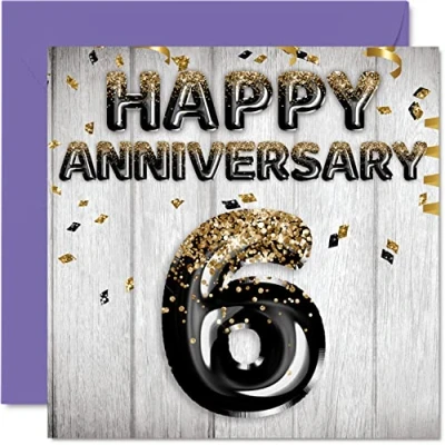 Image of Awesome Iron Anniversary Card for Husband Boyfriend Wife Girlfriend Black Gold Glitter Balloons Happy 6th Cards from Family, 145mm x Greeting Sixth Anniversaries