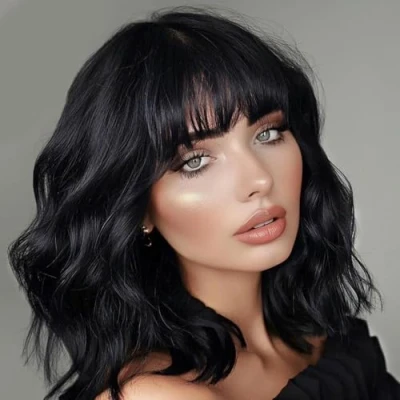 Image of YEESHEDO Black Wavy Bob Wig with Fringe for Women Shoulder Length Wigs Bangs Natural Heat Resistant Synthetic Hair Halloween Daily Use 14inch