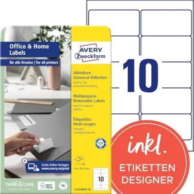 Image of AVERY Zweckform L4744REV 10 Universal Labels (100 Adhesive Labels, 96 x 50.8 mm on A4, Removable Without Residue/Removable, Individually Printable, Self Stickers) Sheets, White