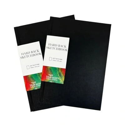 Image of Blue Acorn A5 Portrait Sketchbook 21x14.8cm 2 Pack 128 Pages (150gsm) Black Cover Hardback Multi Purpose Paper with Page Marker Perfect for Artists and Students