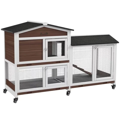 Image of PawHut Rabbit Hutch Outdoor with Run Guinea Pig 2 Tier Bunny Cage w/Wheels No Leak Plastic Tray 157.4 x 53 99.5 cm Brown