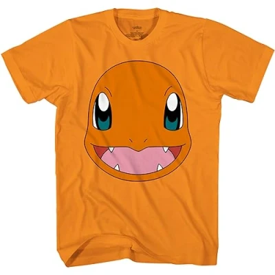 Image of Pokemon Big Face Charmander Pikachu Squirtle Bulbasaur Psyduck Snorlax Adult T Shirt, Orange, Large
