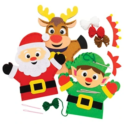 Image of Baker Ross FC157 Christmas Hand Puppet Kits Pack of 4, Puppets for Children, Storytelling Arts and Crafts Kids, Great Parties, Schools Bedtime Stories,21cm 23cm