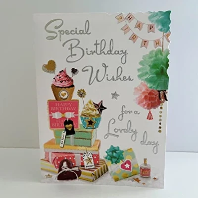 Image of Jonny Javelin Female Special Birthday Wishes Card Cupcake Presents Pom Poms